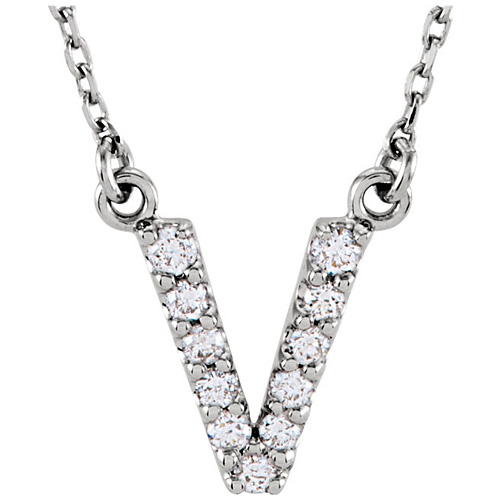 14kt White Gold Letter V 1/8 ct Diamond 16in Necklace