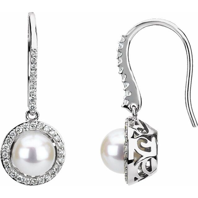 14k White Gold Halo Freshwater Cultured Pearl & 1/2 ct tw Diamond Earrings