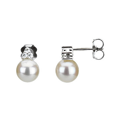 14k White Gold 7.5mm Freshwater Cultured Pearl Earrings with Diamonds
