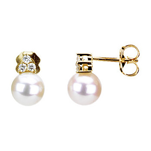 14k Yellow Gold 7.5mm Freshwater Cultured Pearl Earrings with Diamonds