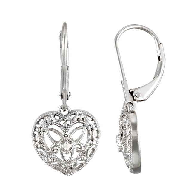 Sterling Silver .02 ct tw Diamond Heart Leverback Earrings