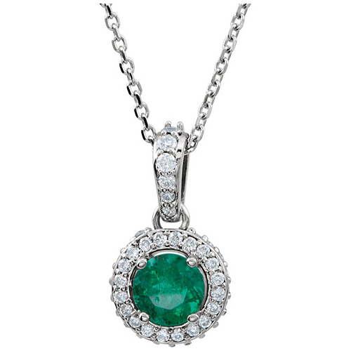 14kt White Gold 1/3 ct Emerald and 1/4 ct Diamond 18in Necklace