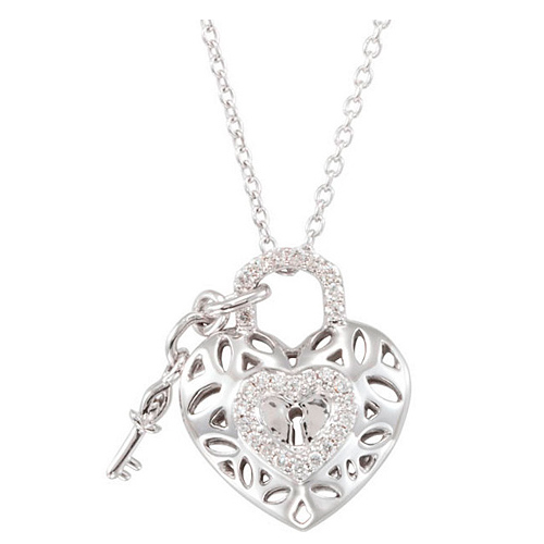 Sterling Silver 1/6 ct Diamond Key Heart Lock Necklace
