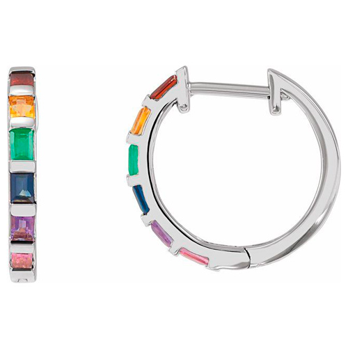  14k White Gold Multi-Gemstone Rainbow Baguette Hoop Earrings