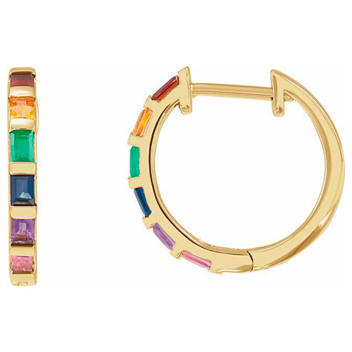  14k Yellow Gold Multi-Gemstone Rainbow Baguette Hoop Earrings