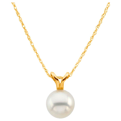 14k Yellow Gold 7mm Solitaire White Akoya Cultured Pearl Necklace