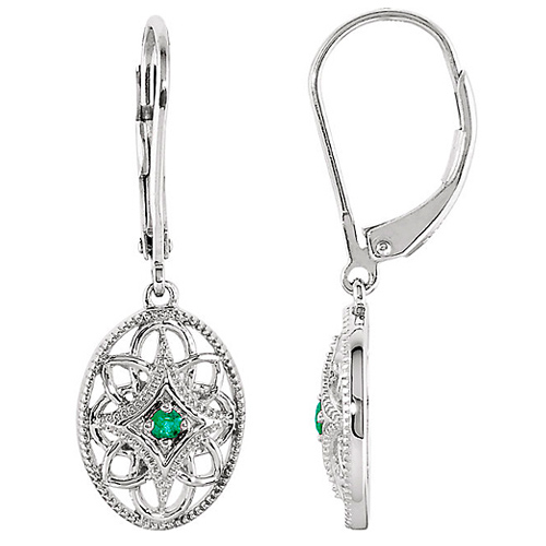 Sterling Silver .06 ct tw Emerald Fiigree Oval Lever Back Earrings