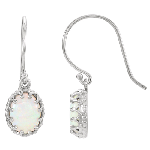 14kt White Gold Oval Cabochon Opal Crown Earrings with French Wires