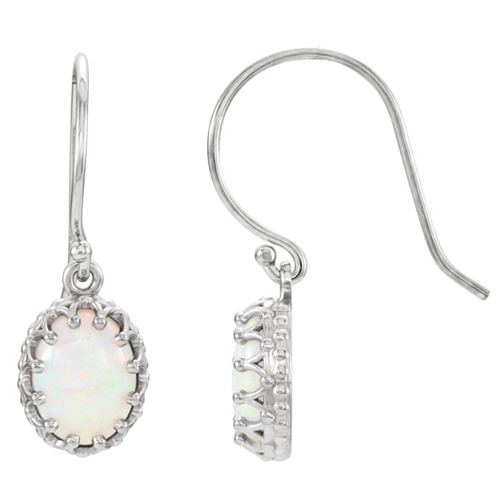 14kt White Gold Oval Cabochon Opal Crown Earrings with French Wires
