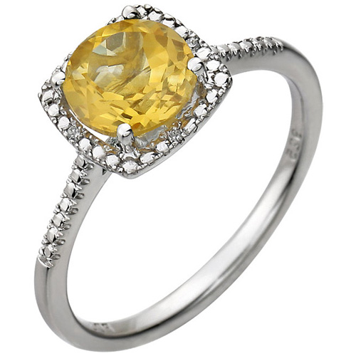 Sterling Silver 7mm Citrine Ring with Diamonds