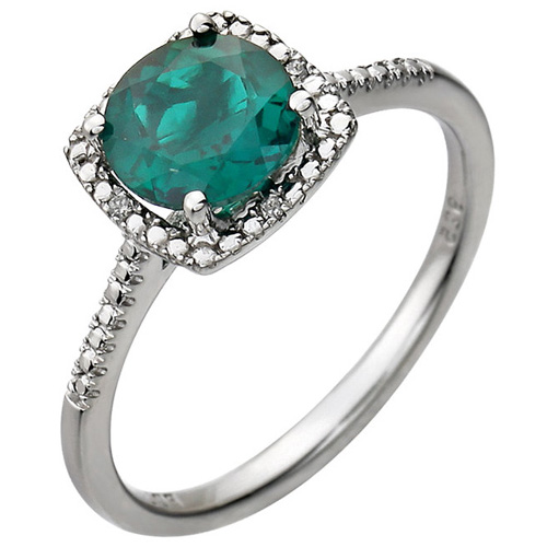 Sterling Silver 7mm Created Emerald Ring with Diamonds
