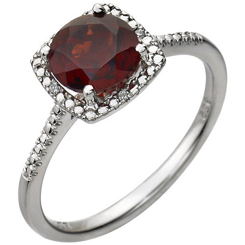 Sterling Silver 7mm Garnet Ring with Diamonds