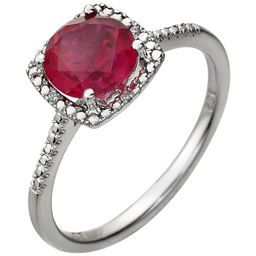 Sterling Silver 7mm Created Ruby Ring with Diamonds