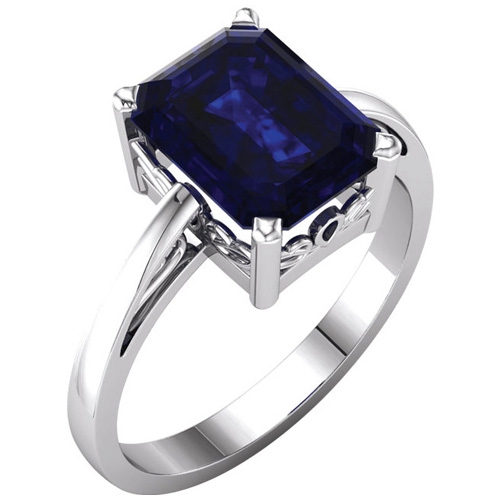 14kt White Gold 3 ct Emerald-cut Chatham Created Blue Sapphire Ring