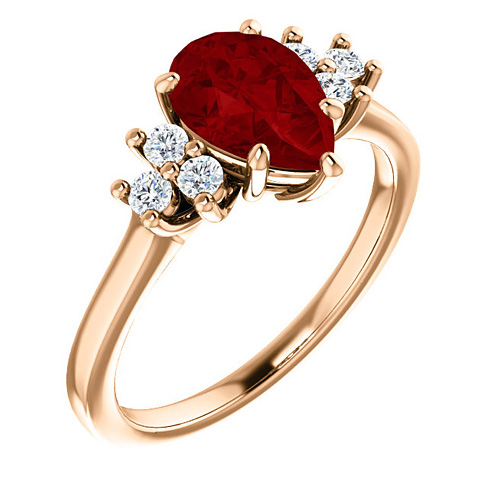 14k Rose Gold 1.6 ct Pear Chatham Created Ruby and 1/8 ct Diamond Ring