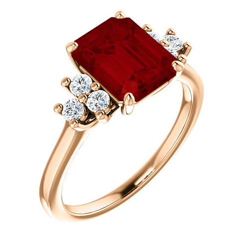 14kt Rose Gold 3 ct Chatham Created Ruby and 1/8 ct Diamond Ring