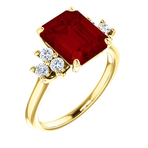 14kt Yellow Gold 4 1/4 ct Chatham Created Ruby and 1/8 ct Diamond Ring