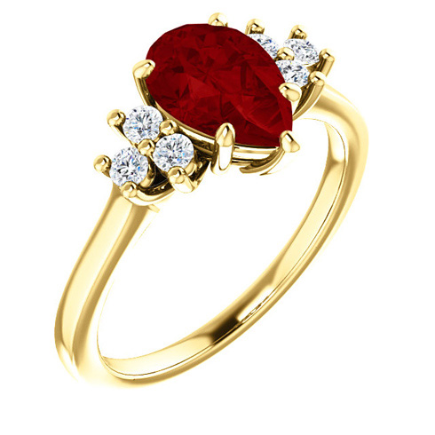 14k Yellow Gold 1.6ct Pear Chatham Created Ruby 1/8 ct Diamond Ring