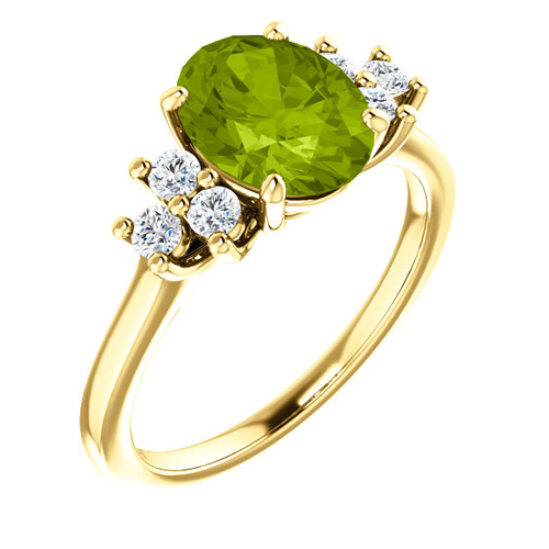 14kt Yellow Gold 2 ct Oval Peridot and 1/4 ct Diamond Ring