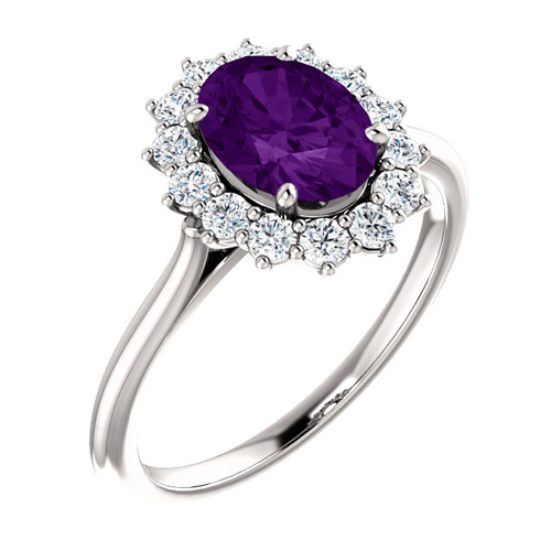 14k White Gold Halo Style 1.2 ct Amethyst Engagement Ring with 3/8 ct Diamonds