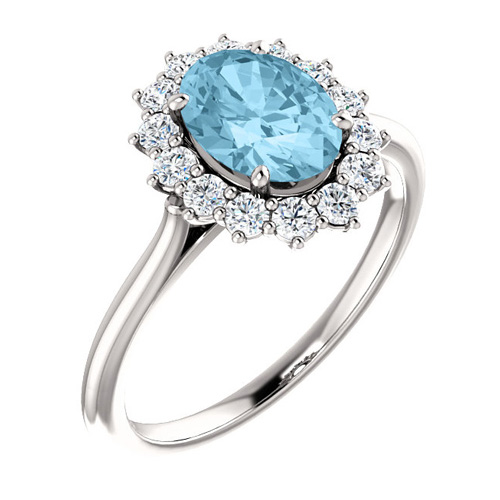 14k White Gold Halo Style 1.15 ct Aquamarine Ring with 3/8 ct Diamonds