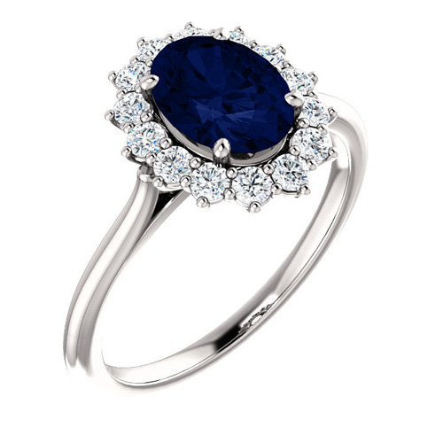 14k White Gold 1 3/4 ct Created Blue Sapphire Diamond Halo Ring