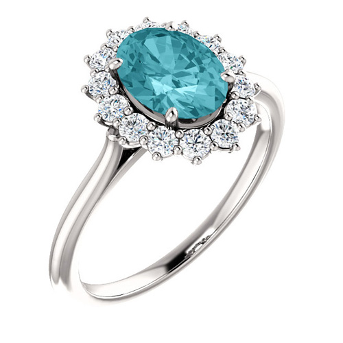 14kt White Gold Halo Style 2 ct Blue Zircon Ring with 3/8 ct Diamonds