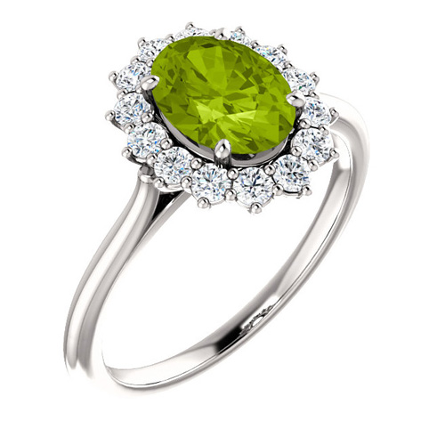 14kt White Gold Halo Style 1.35 ct Peridot Ring with 3/8 ct Diamonds