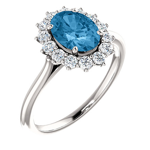 14kt White Gold Halo 1.6 ct Swiss Blue Topaz Diamond Ring