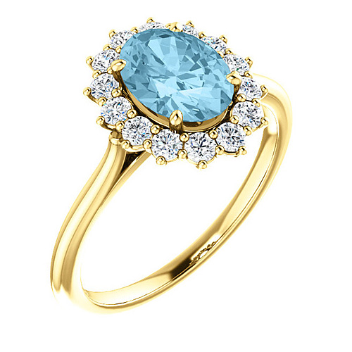 14k Yellow Gold Halo 1.15 ct Aquamarine Ring with 3/8 ct Diamonds