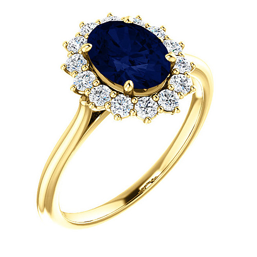 14k Yellow Gold 1 3/4 ct Oval Created Blue Sapphire Diamond Halo Ring