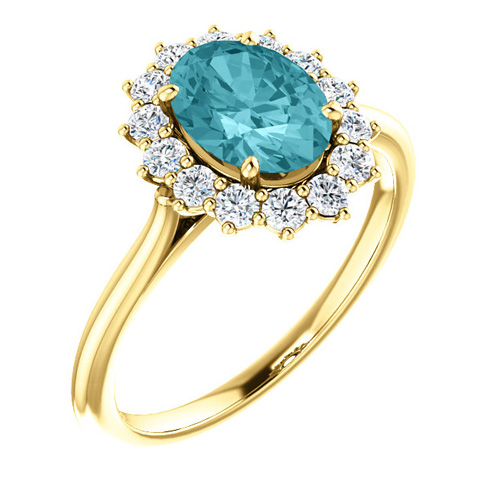 14kt Yellow Gold Halo Style 2 ct Blue Zircon Ring with 3/8 ct Diamonds