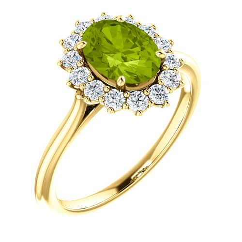 14kt Yellow Gold Halo Style 1.35 ct Peridot Ring with 3/8 ct Diamonds