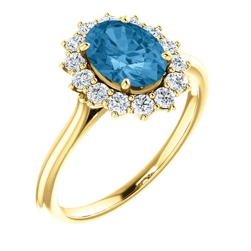 14k Yellow Gold Halo 1.6 ct Swiss Blue Topaz Ring with 3/8 ct Diamonds