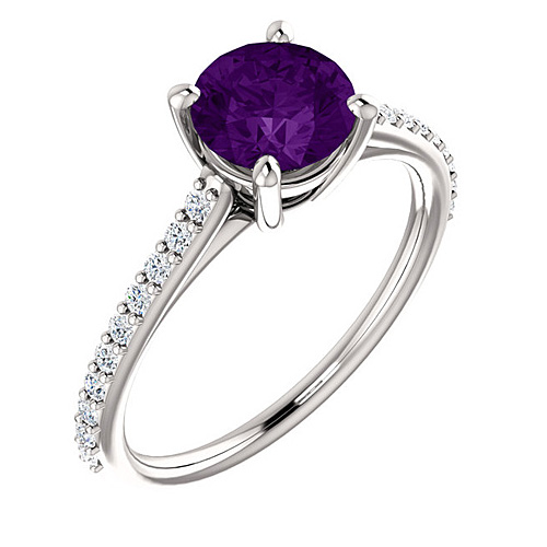 14kt White Gold 1 ct Round Amethyst and 1/5 ct Diamond Ring
