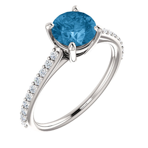 14kt White Gold 1.3 ct Round Swiss Blue Topaz and 1/5 ct Diamond Ring