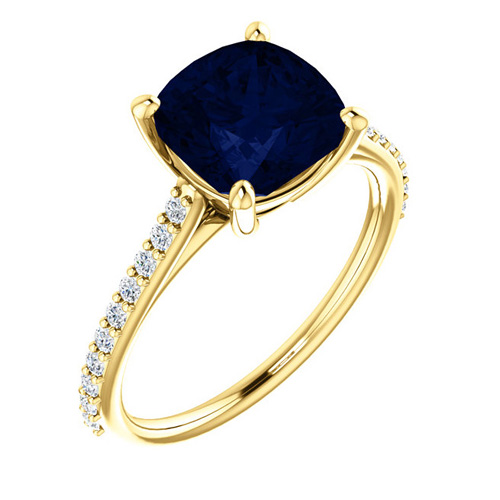 14kt Yellow Gold Antique Square 3.3 ct Created Blue Sapphire Ring With Diamonds