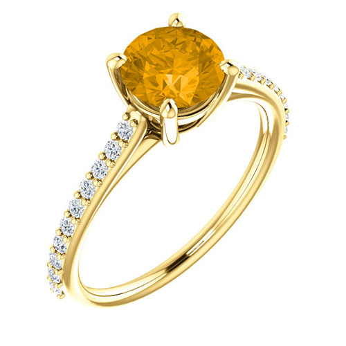 14kt Yellow Gold 1 ct Round Citrine and 1/5 ct Diamond Ring