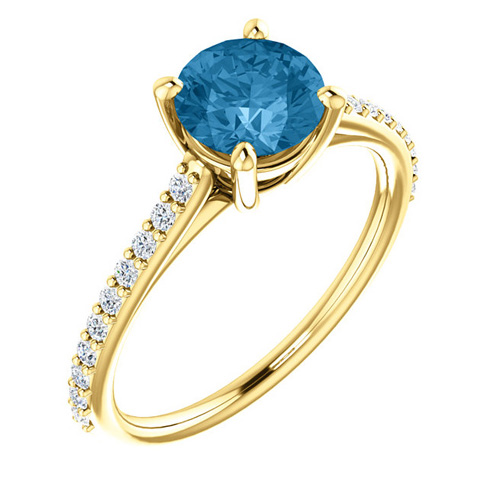 14kt Yellow Gold 1.3 ct Round Swiss Blue Topaz and 1/5 ct Diamond Engagement Ring