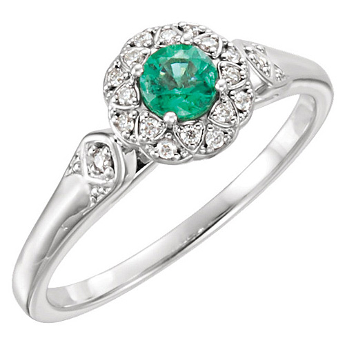 14kt White Gold 1/4 ct Emerald & 1/10 ct tw Diamond Fancy Halo Ring