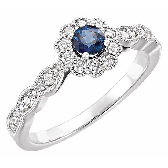 14kt White Gold 3/10 ct Blue Sapphire & Diamond Fancy Halo Ring