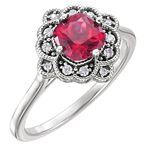 14kt White Gold 1.3 ct Created Ruby Floral Halo Ring & Diamonds