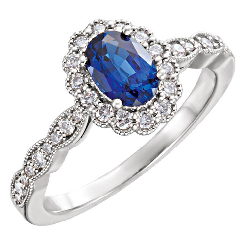 14k White Gold 1.3 ct Oval Chatham Sapphire Halo Ring with Diamonds