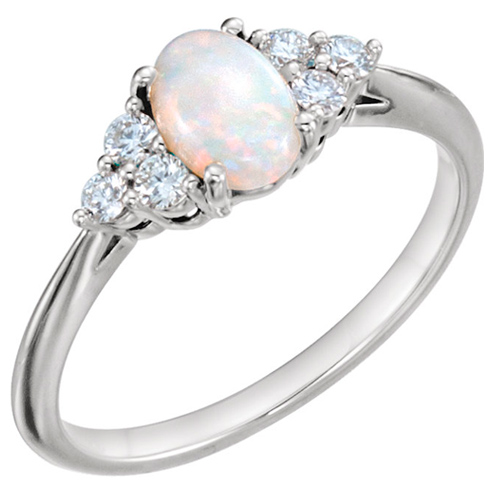 14k White Gold Oval Australian Opal Ring with Diamond Accents