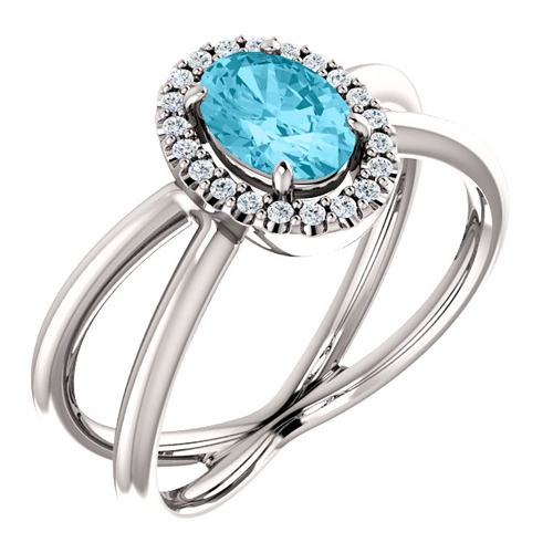 14k White Gold 1.1 ct Oval Aquamarine Ring with Diamonds Crossed Shank