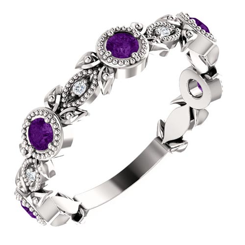 14k White Gold Amethyst and Diamond Leaf Ring