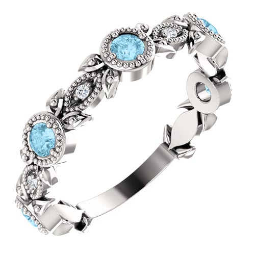 14k White Gold Aquamarine and Diamond Leaf Ring