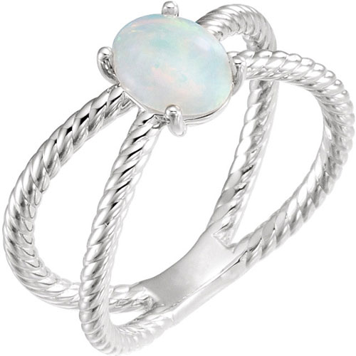14k White Gold Opal Cabochon Criss Cross Rope Ring