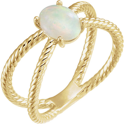 14k Yellow Gold Opal Cabochon Criss Cross Rope Ring