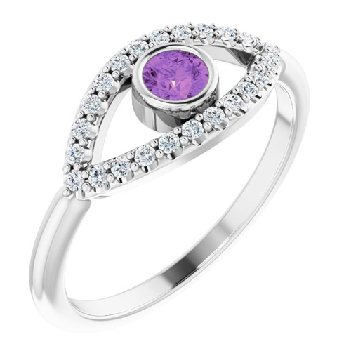 14k White Gold Amethyst and White Sapphire Evil Eye Ring